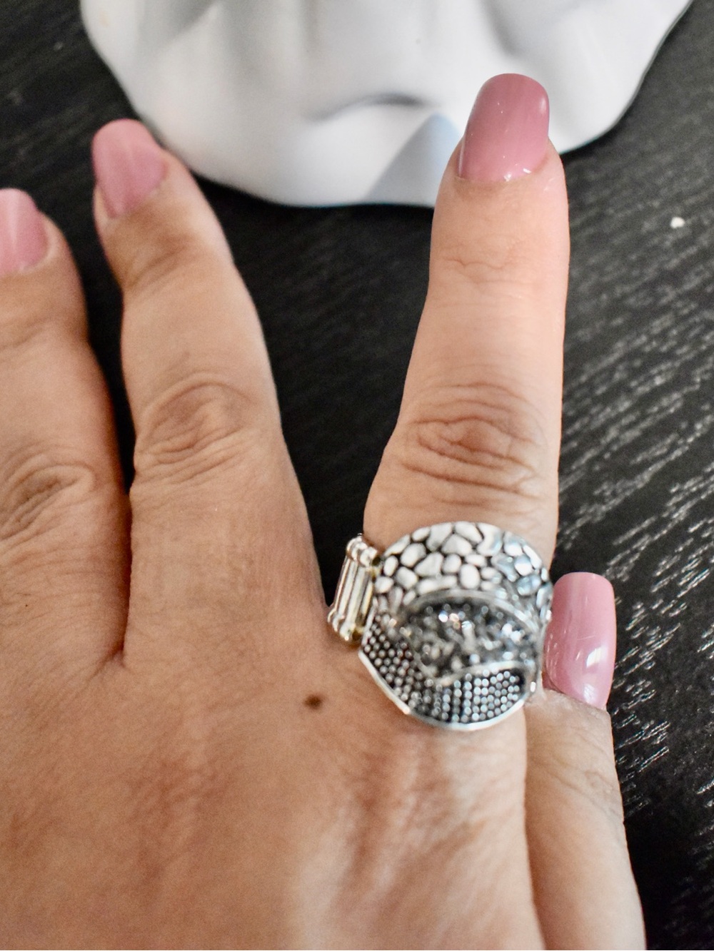 Textured Silver-Tone Statement Ring in Pink